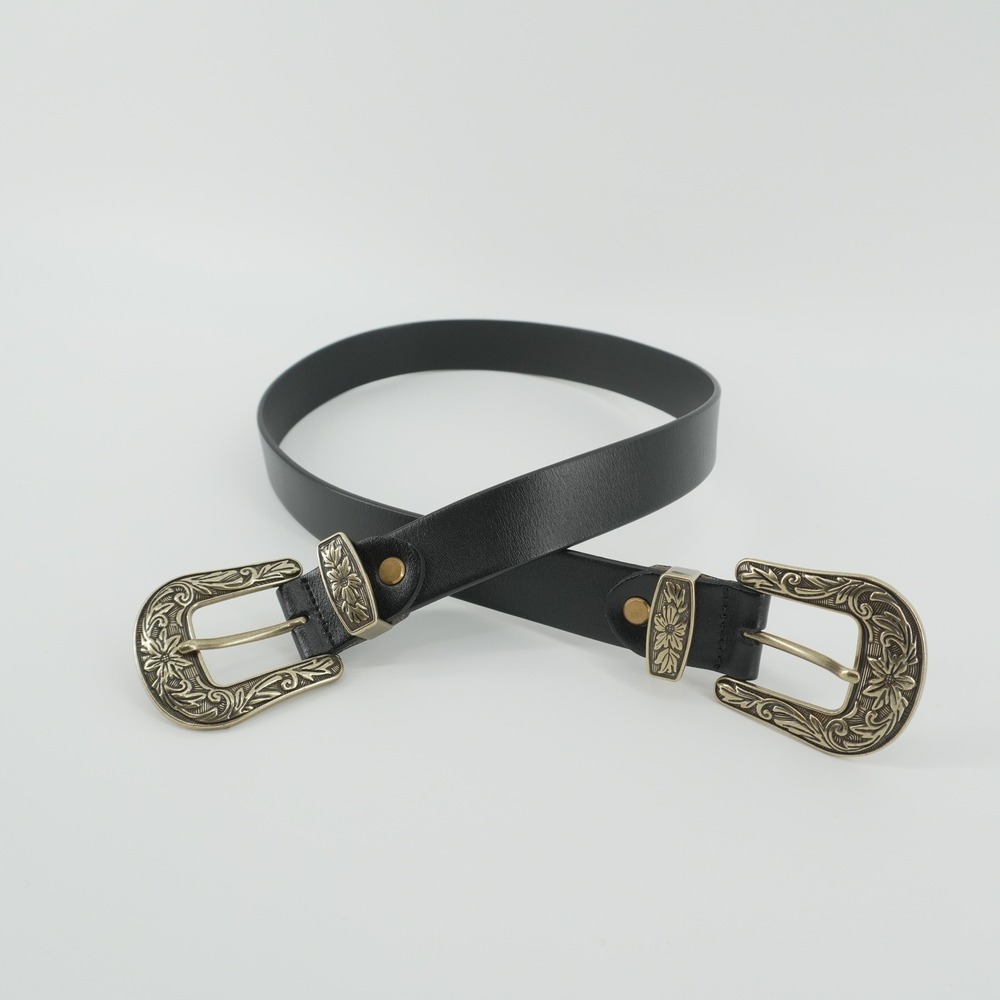Double Buckle Belt Womens 31 Black Western Floral Engraved Gold Tone
